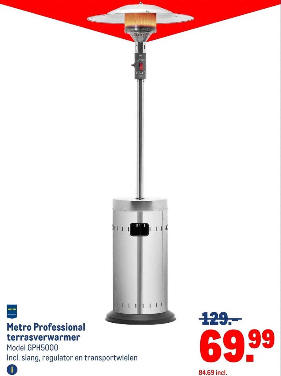 Metro Professional terrasverwarmer Model GPH5000 Incl. slang, regulator en transportwielen