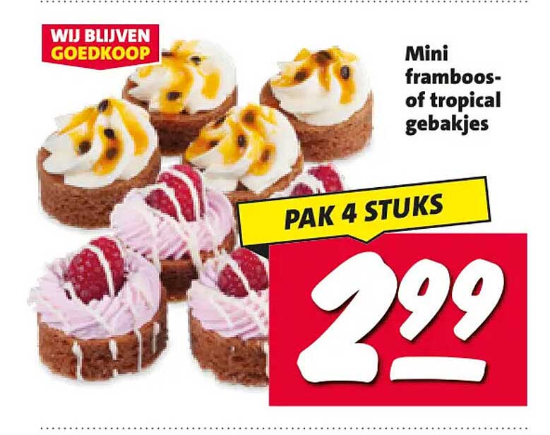 Mini framboos- of tropical gebakjes PAK 4 STUKS