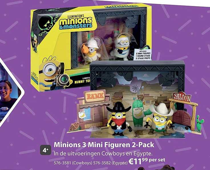 Minions 3 Mini Figuren 2-Pack In de uitvoeringen Cowboys en Egypt. 576-3581 (Cowboys) 576-3582 (Egypte)