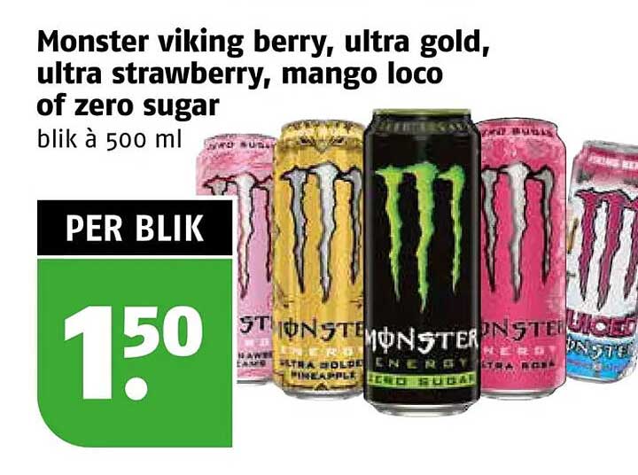 Monster viking berry, ultra gold, ultra strawberry, mango loco of zero sugar blik à 500 ml