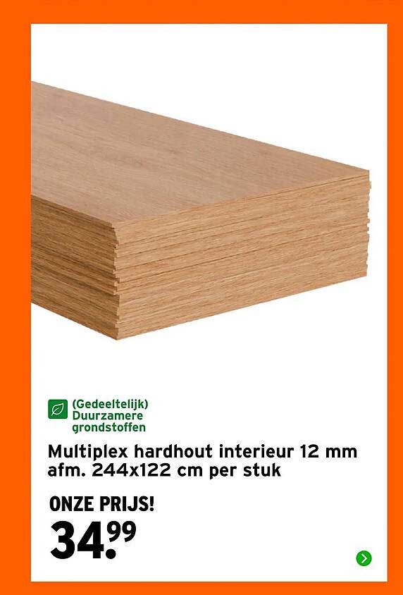 Multiplex hardhout interieur 12 mm afm. 244x122 cm per stuk