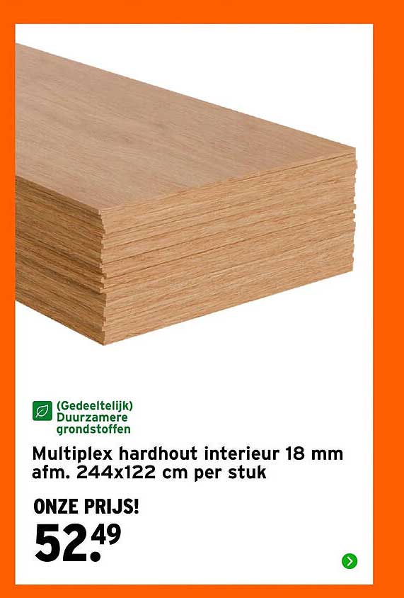 Multiplex hardhout interieur 18 mm afm. 244x122 cm per stuk