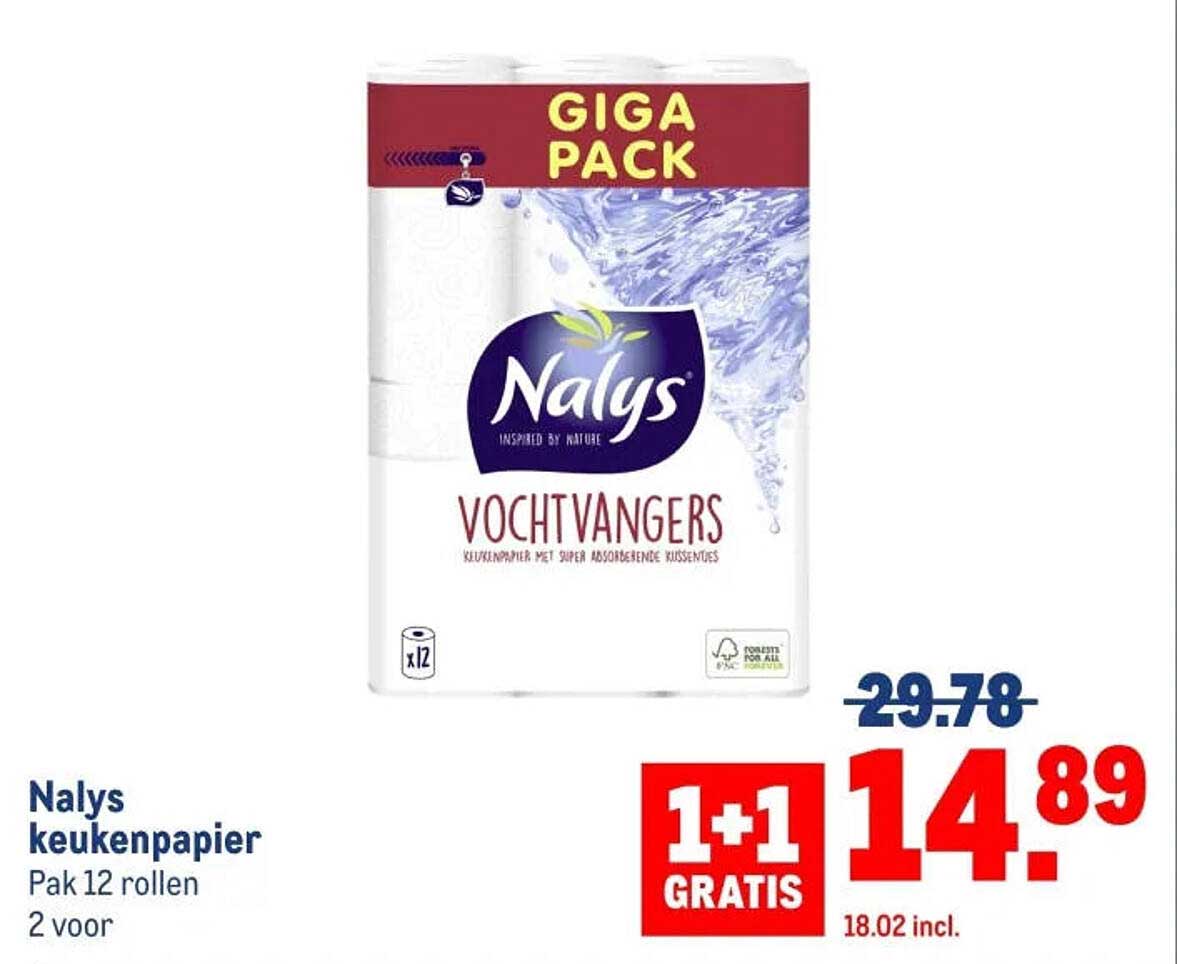 NalyS keukenpapier Pak 12 rollen 2 voor 1+1 GRATIS