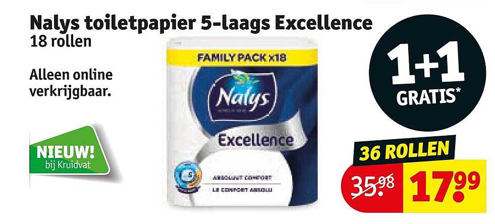 Nalys toiletpapier 5-laags Excellence 18 rollen 1+1 GRATIS*