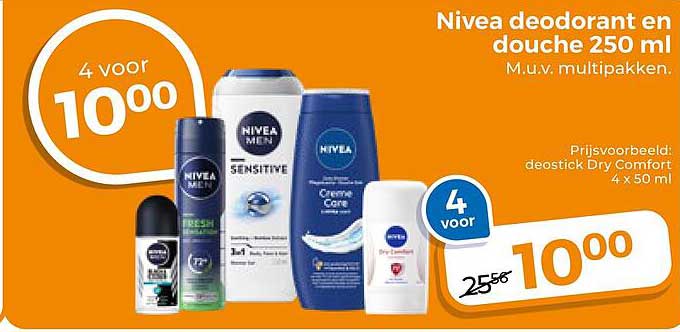 Nivea deodorant en douche 250 ml 4 voor 10,00