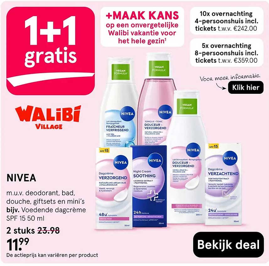 NIVEA m.u.v. deodorant, bad, douche, giftsets en mini’s bijv. Voedende dagcrème SPF 15 50 ml 1+1 gratis