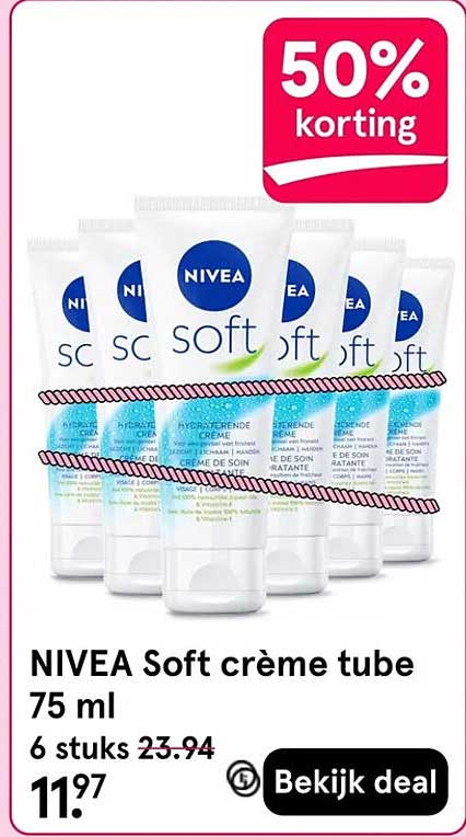 NIVEA Soft crème tube 75 ml 50% korting