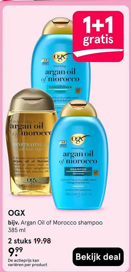 OGX bijv. Argan Oil of Morocco shampoo 385 ml 1+1 gratis