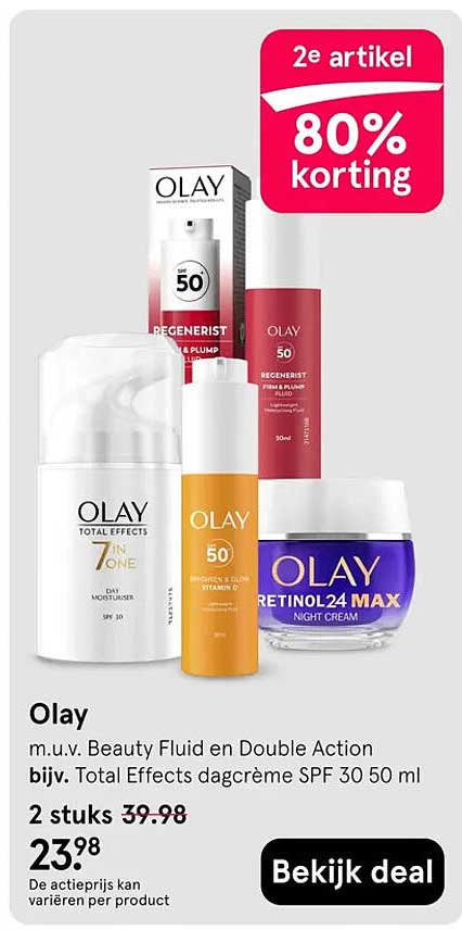 Olay m.u.v. Beauty Fluid en Double Action bijv. Total Effects dagcrème SPF 30 50 ml 2e artikel 80% korting