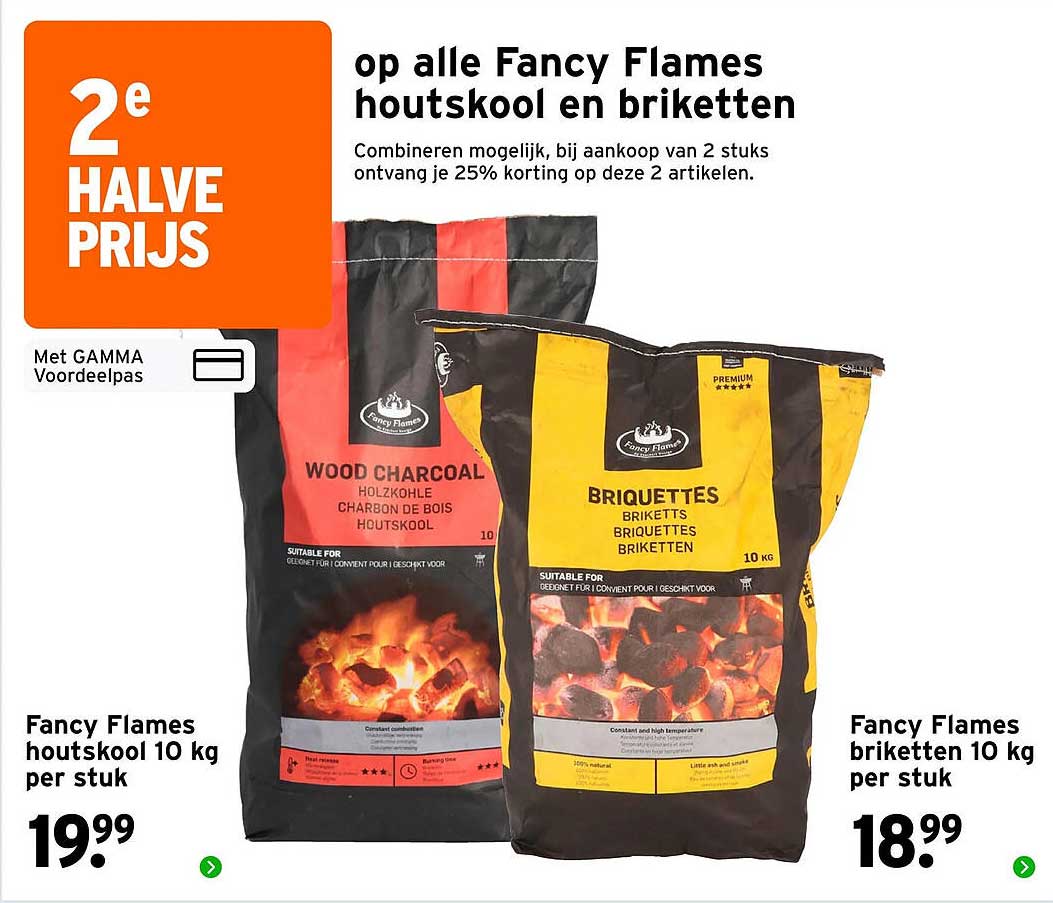 op alle Fancy Flames houtskool en briketten 2e halve prijs