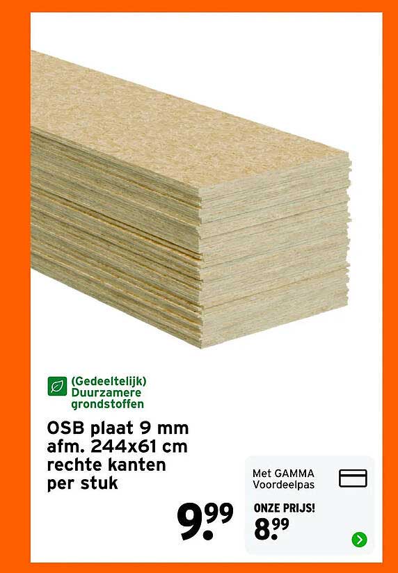 OSB plaat 9 mm afm. 244x61 cm rechte kanten per stuk