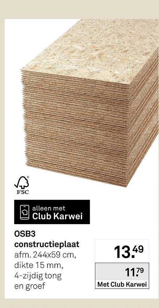 OSB3 constructieplaat afm. 244x59 cm, dikte 15 mm, 4-zijdig tong en groef