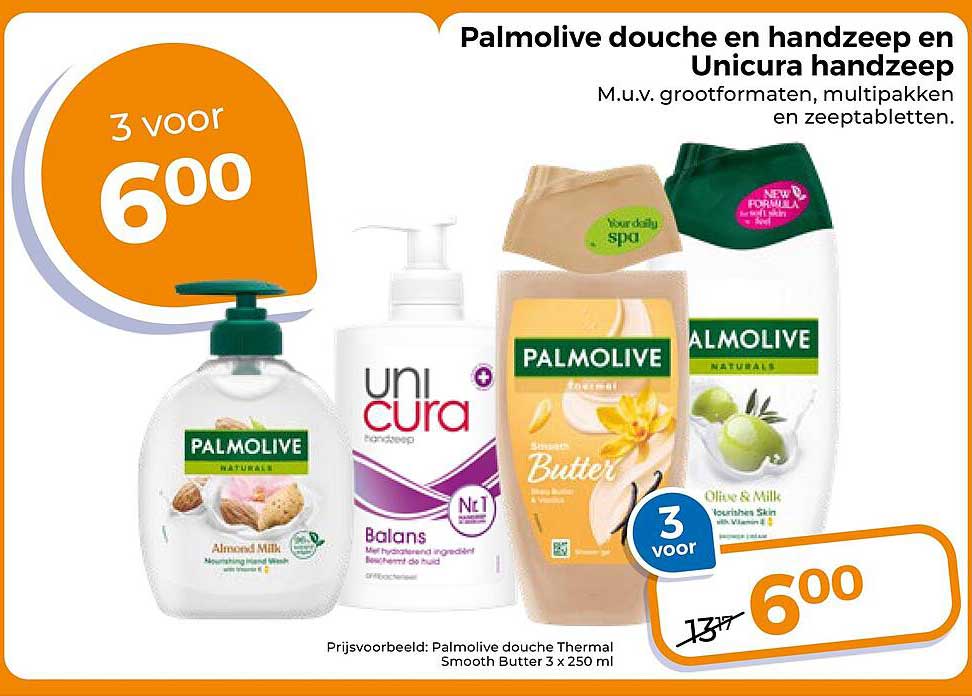 Palmolive douche en handzeep en Unicura handzeep 3 voor 6.00