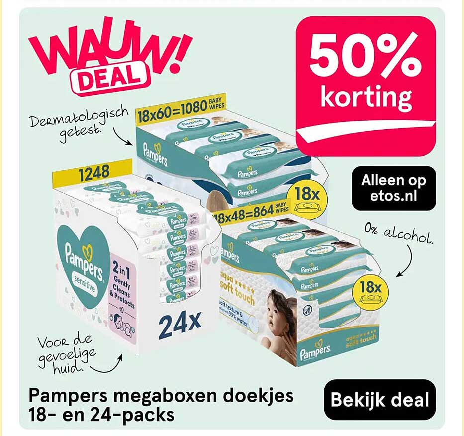 Pampers megaboxen doekjes 18- en 24-packs 50% korting