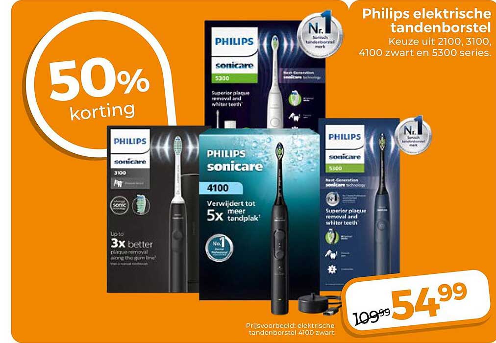Philips elektrische tandenborstel Keuze uit 2100, 3100, 4100 zwart en 5300 series. 50% korting