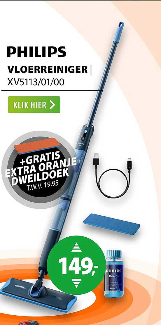 PHILIPS VLOERREINIGER XV5113/01/00 +GRATIS EXTRA ORANJE DWEILDOEK