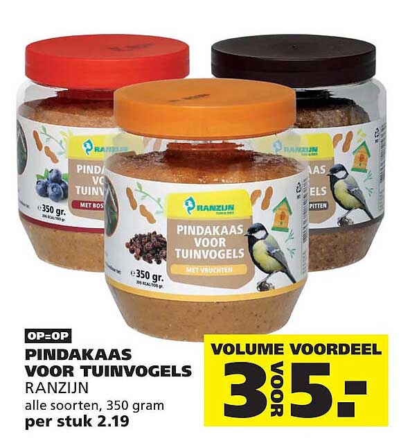 Pindakaas voor tuinvogels Ranzijn alle soorten, 350 gram per stuk 2.19 VOLUME VOORDEEL 3 voor 5,-