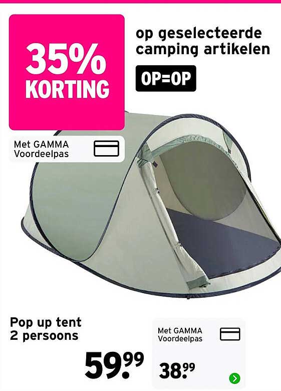 Pop up tent 2 persoons - 35% korting op geselecteerde camping artikelen OP=OP