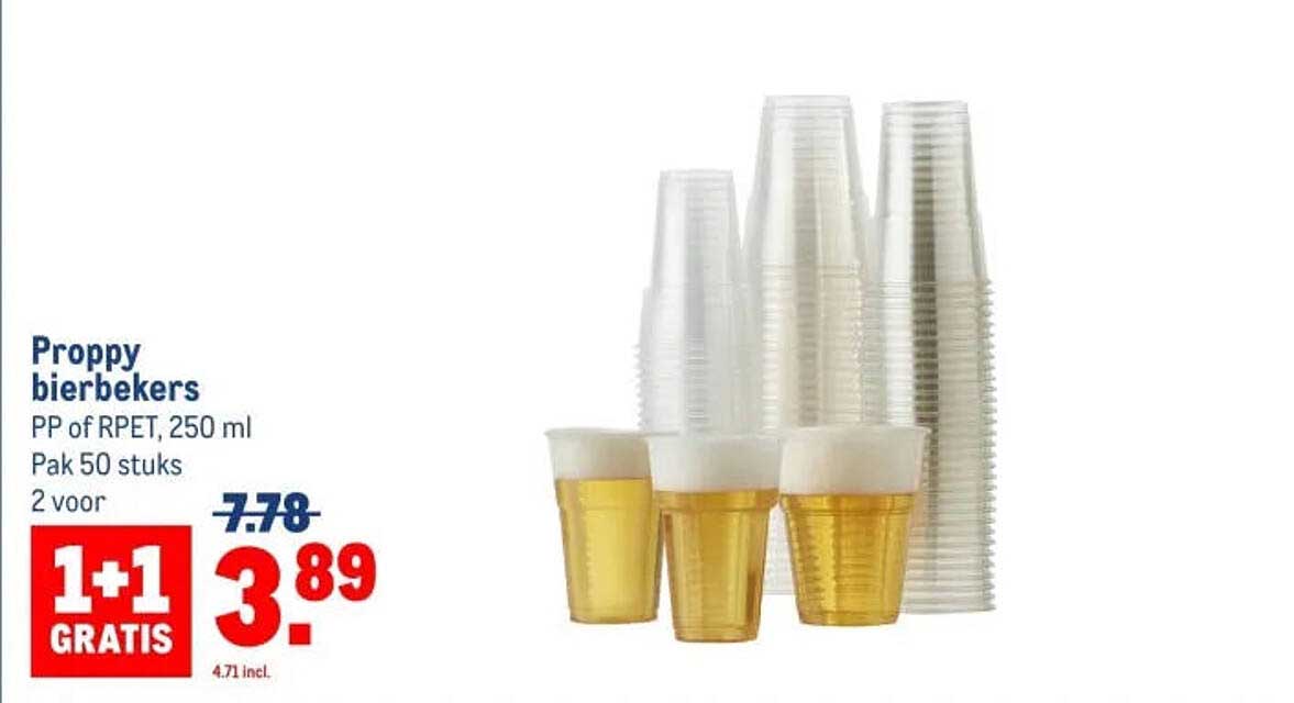 Proppy bierbekers PP of RPET, 250 ml Pak 50 stuks 2 voor 1+1 GRATIS