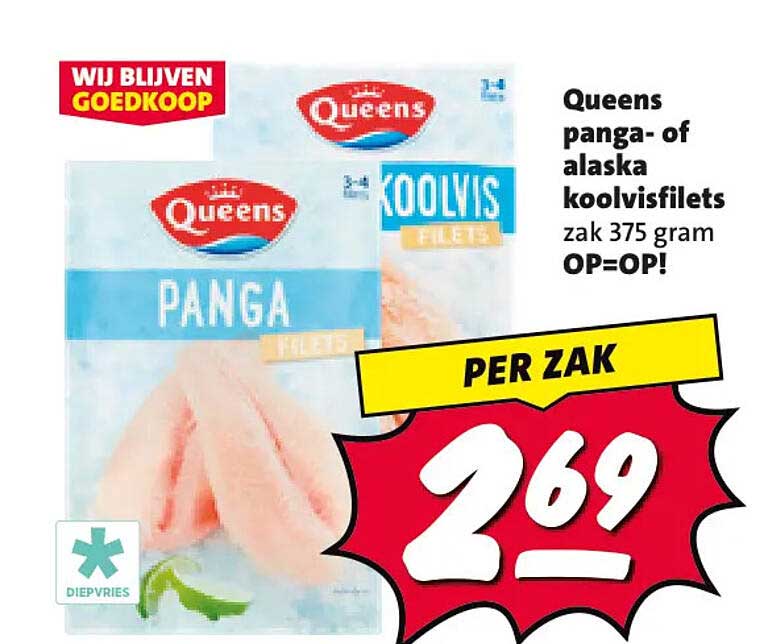 Queens panga- of alaska koolvisfilets zak 375 gram OP=OP!