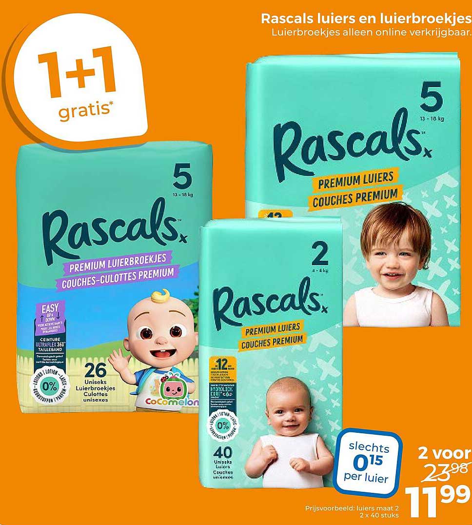 Rascals luiers en luierbroekjes 1+1 gratis