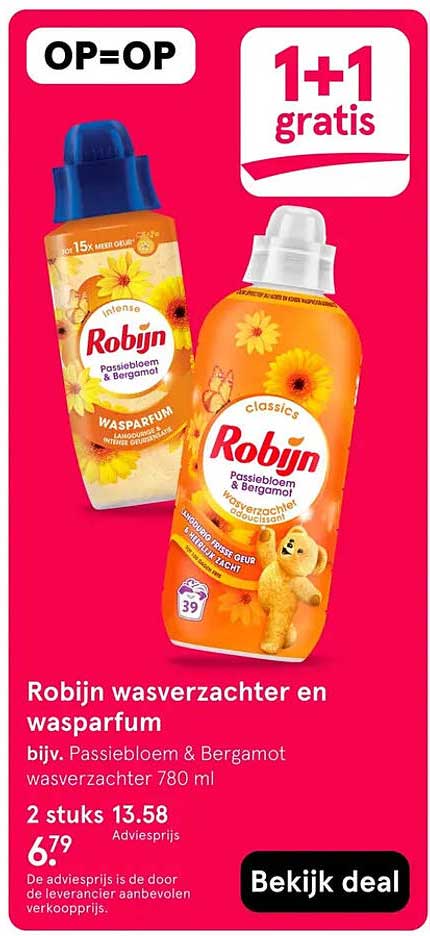 Robijn wasverzachter en wasparfum 1+1 gratis