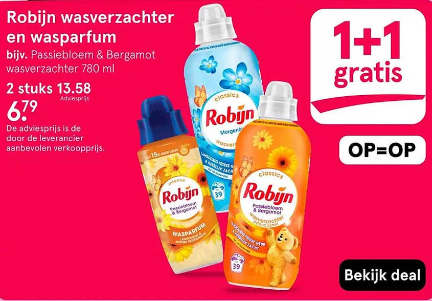 Robijn wasverzachter en wasparfum bijv. Passiebloem & Bergamot wasverzachter 780 ml 1+1 gratis