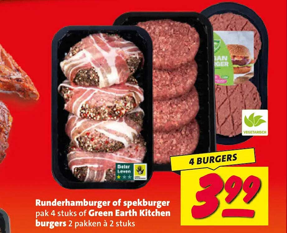 Runderhamburger of spekburger pak 4 stuks of Green Earth Kitchen burgers 2 pakken à 2 stuks