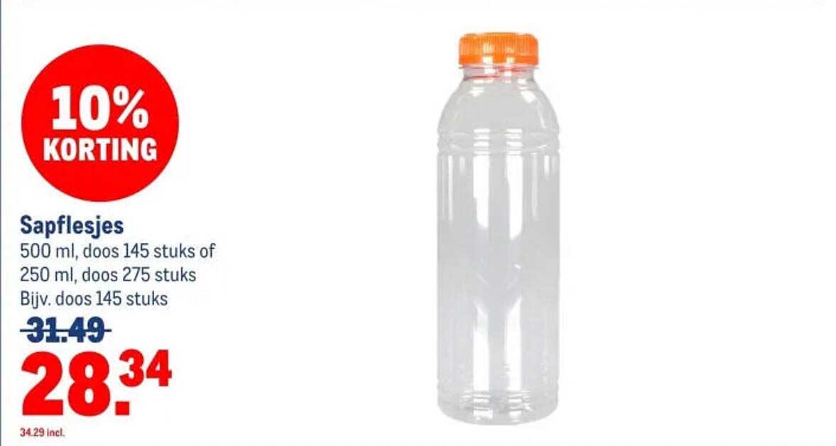 Sapflesjes 500 ml, doos 145 stuks of 250 ml, doos 275 stuks Bijv. doos 145 stuks 10% KORTING