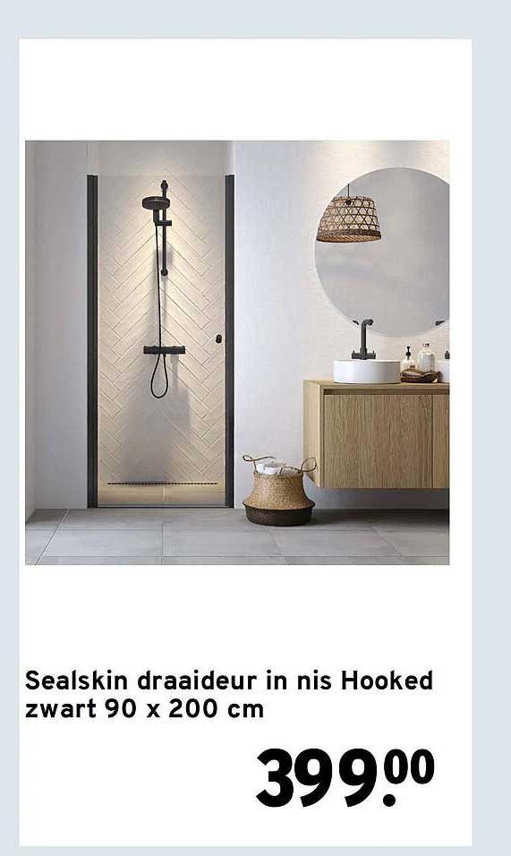 Sealskin draaideur in nis Hooked zwart 90 x 200 cm