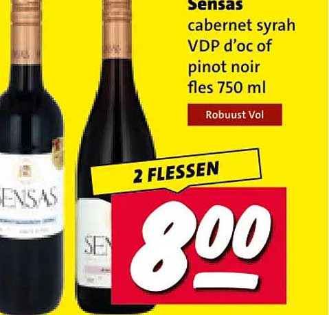 Sensas cabernet syrah VDP d'oc of pinot noir fles 750 ml 2 FLESSEN
