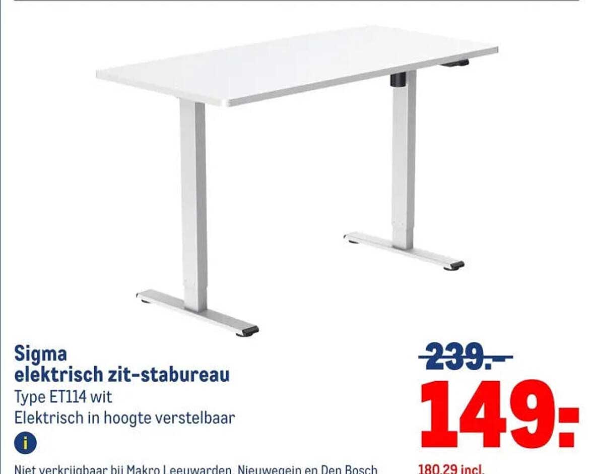 Sigma elektrisch zit-stabureau Type ET114 wit Elektrisch in hoogte verstelbaar