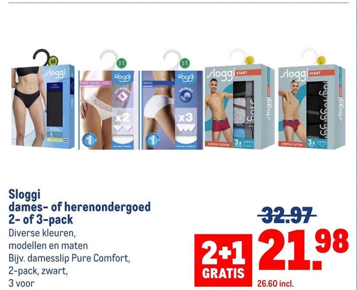 Sloggi dames- of herenondergoed 2- of 3-pack 2+1 gratis