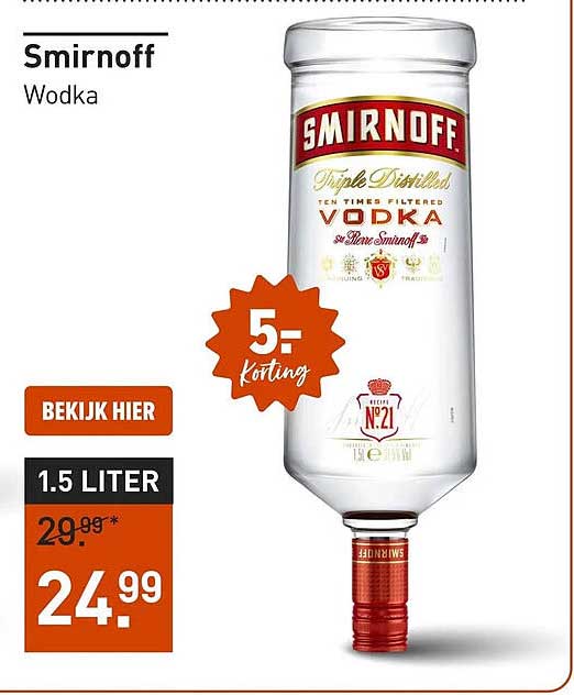 Smirnoff Wodka 1.5 liter 5= korting