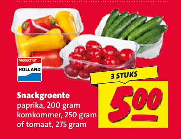 Snackgroente paprika, 200 gram komkommer, 250 gram of tomaat, 275 gram 3 STUKS