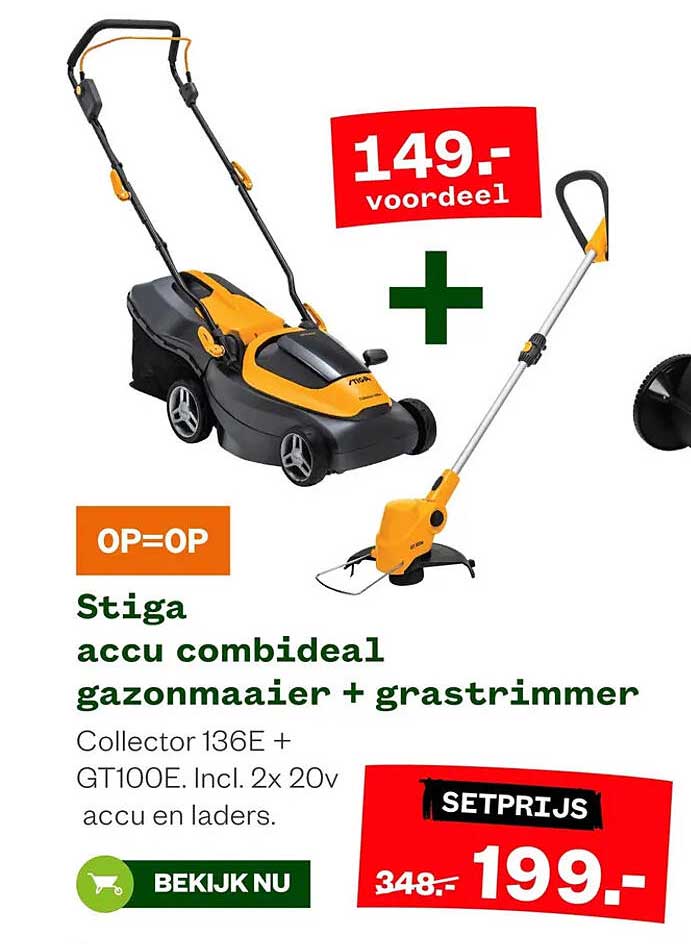 Stiga accu combideal gazonmaaier + grastrimmer Collector 136E + GT100E. Incl. 2x 20v accu en laders. OP=OP