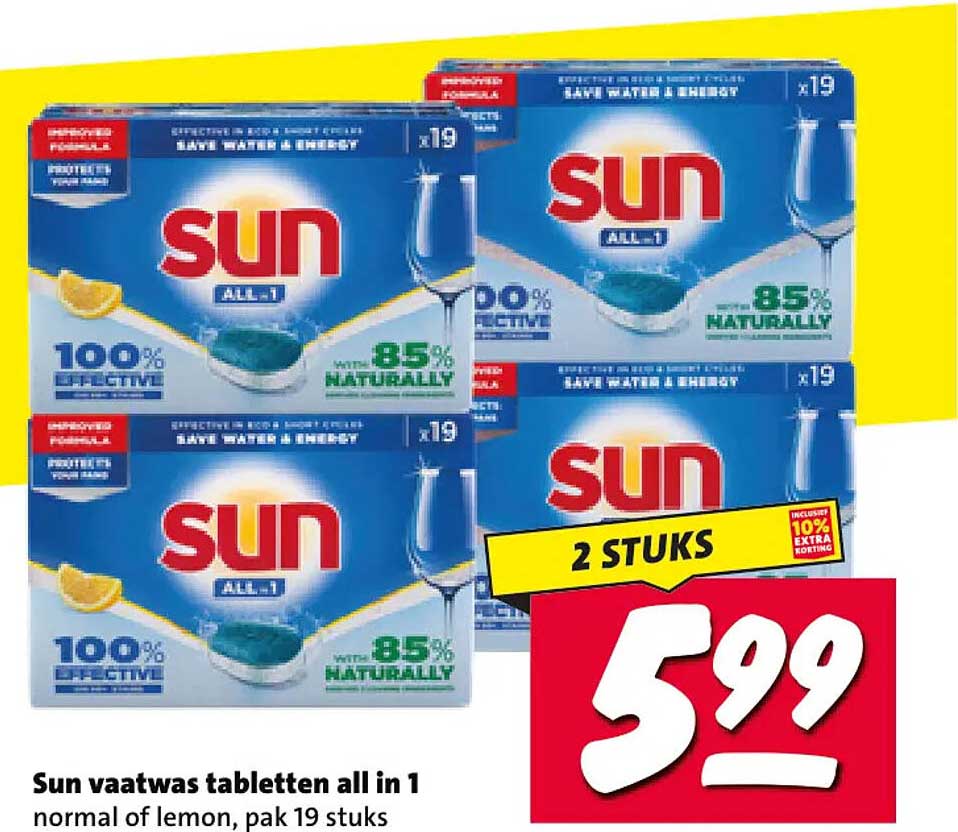 Sun vaatwas tabletten all in 1 normal of lemon, pak 19 stuks 2 STUKS