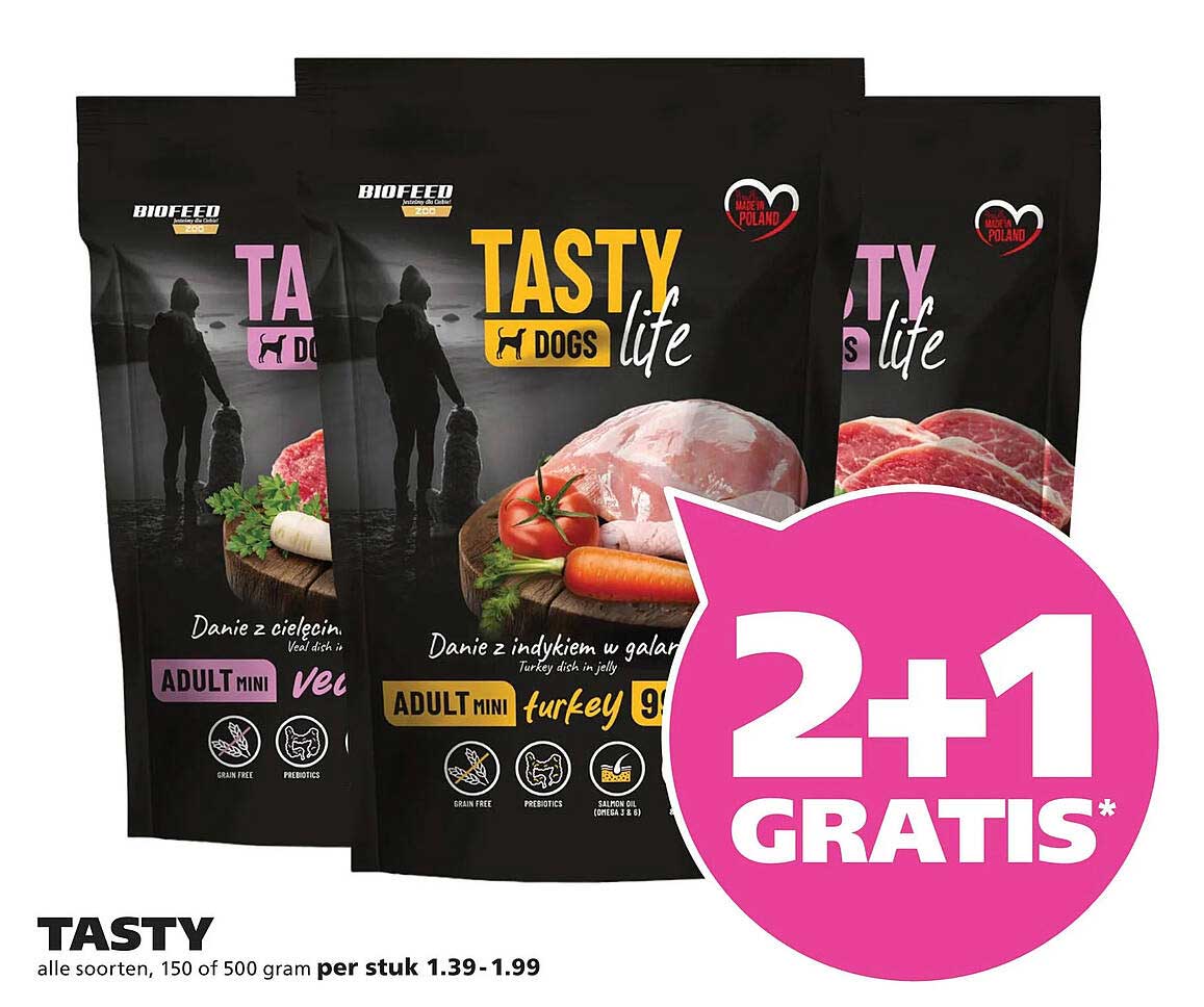 TASTY alle soorten, 150 of 500 gram 2+1 GRATIS