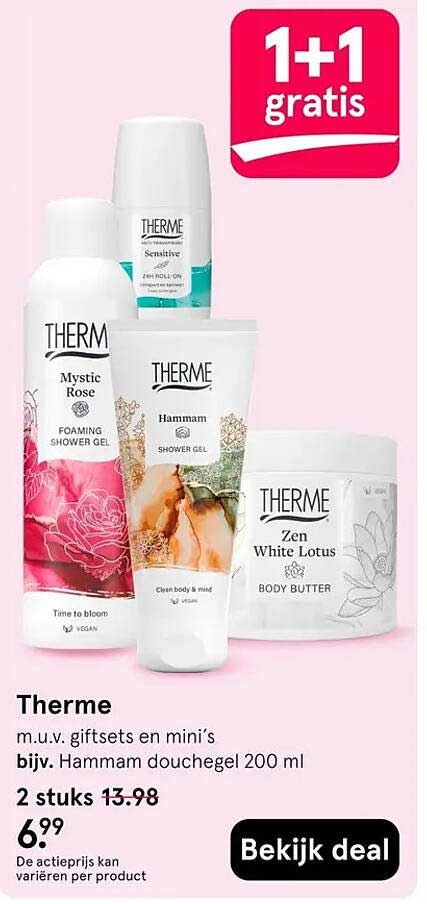 Therme m.u.v. giftsets en mini’s bijv. Hammam douchegel 200 ml 1+1 gratis