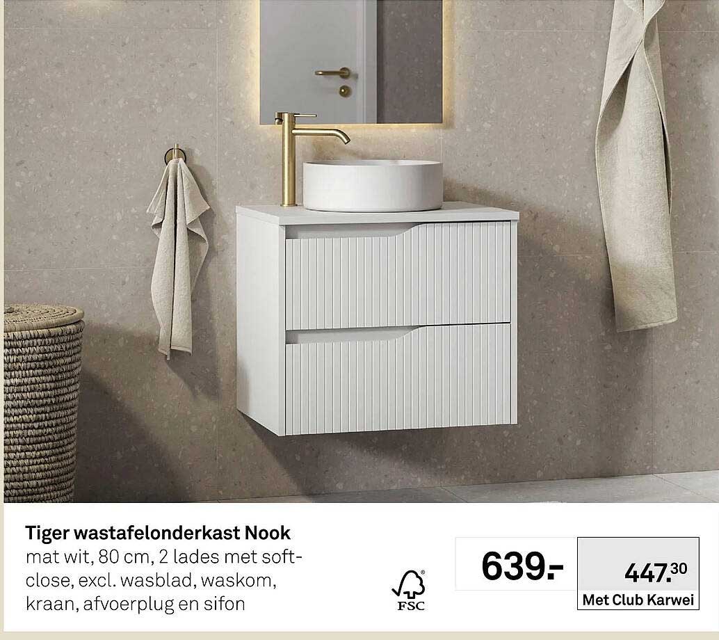 Tiger wastafelonderkast Nook mat wit, 80 cm, 2 lades met soft-close, excl. wasblad, waskom, kraan, afvoerplug en sifon