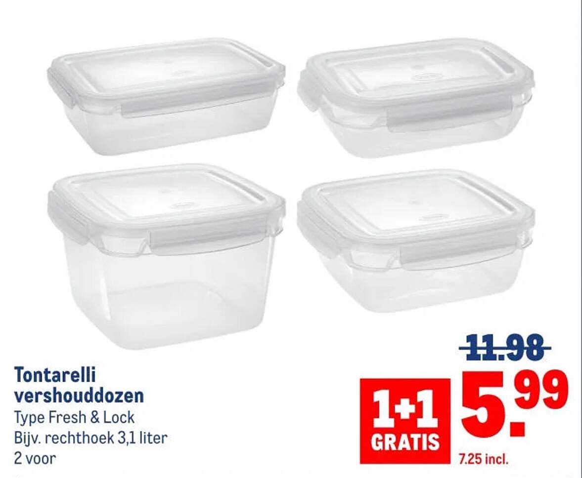 Tontarelli vershouddozen Type Fresh & Lock Bĳv. rechthoek 3,1 liter 2 voor 1+1 GRATIS