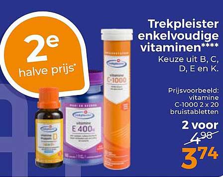 Trekpleister enkelvoudige vitamines**** Keuze uit B, C, D, E en K. 2e halve prijs