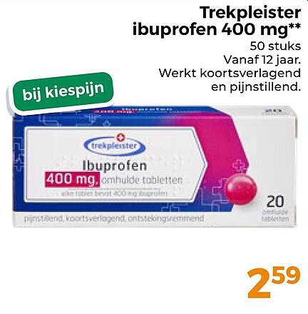 Trekpleister ibuprofen 400 mg** 50 stuks Vanaf 12 jaar. Werkt koortsverlagend en pijnstillend. bij kiespijn
