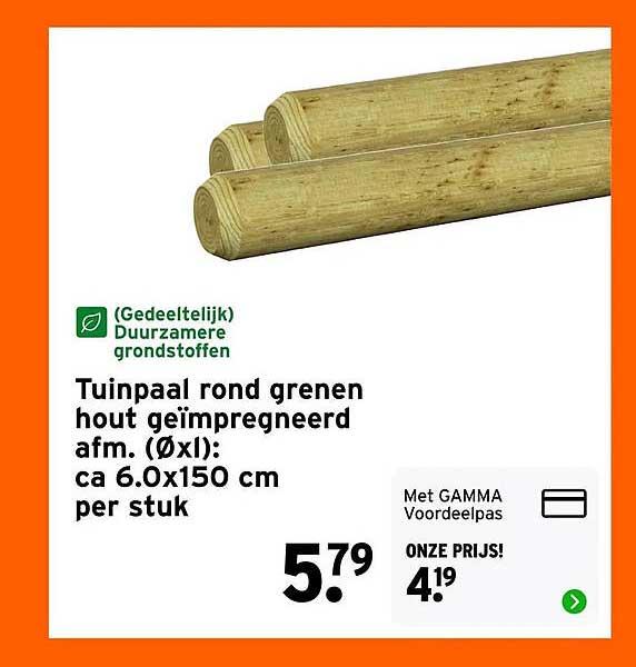 Tuinpaaal rond grenen hout geïmpregneerd afm. (Øxl): ca 6.0x150 cm per stuk