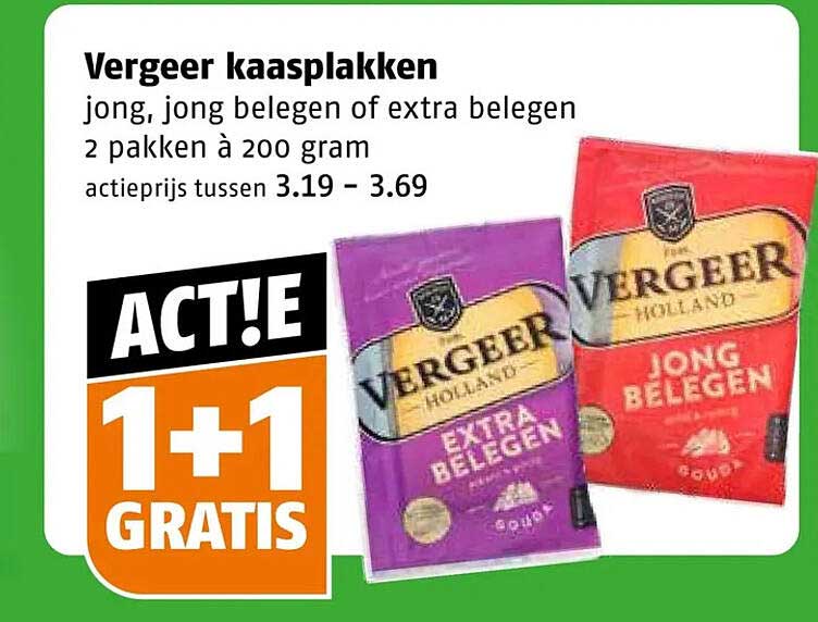 Vergeer kaasplakken jong, jong belegen of extra belegen 2 pakken à 200 gram 1+1 GRATIS