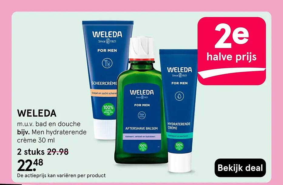 WELEDA m.u.v. bad en douche bijv. Men hydraterende crème 30 ml 2 stuks 2e halve prijs