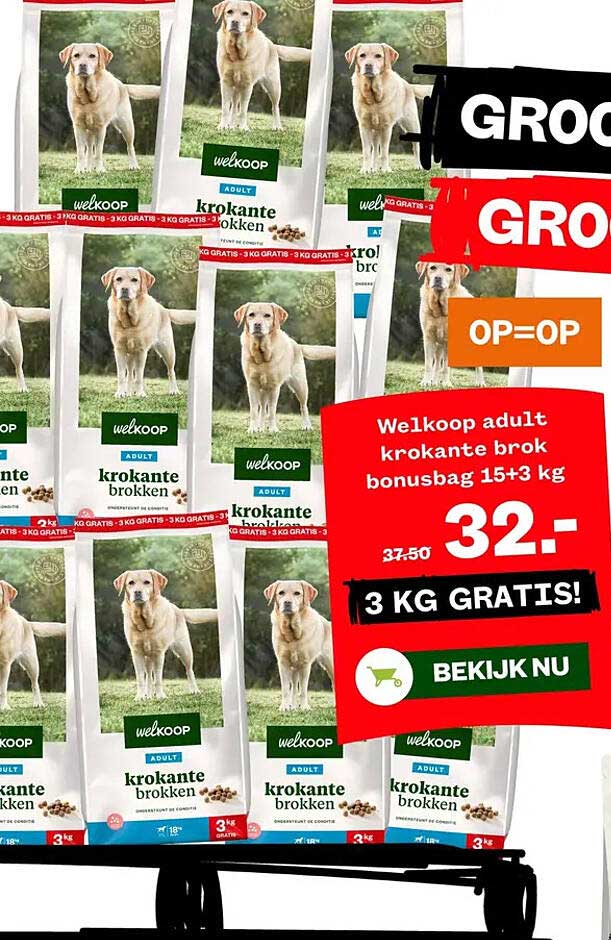 Welkoop adult krokante brok bonusbag 15+3 kg 3 KG GRATIS!