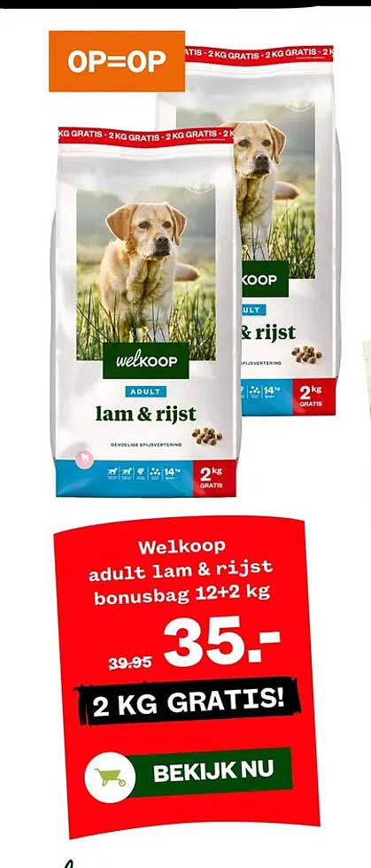 Welkoop adult lam & rijst bonusbag 12+2 kg 2 KG GRATIS!