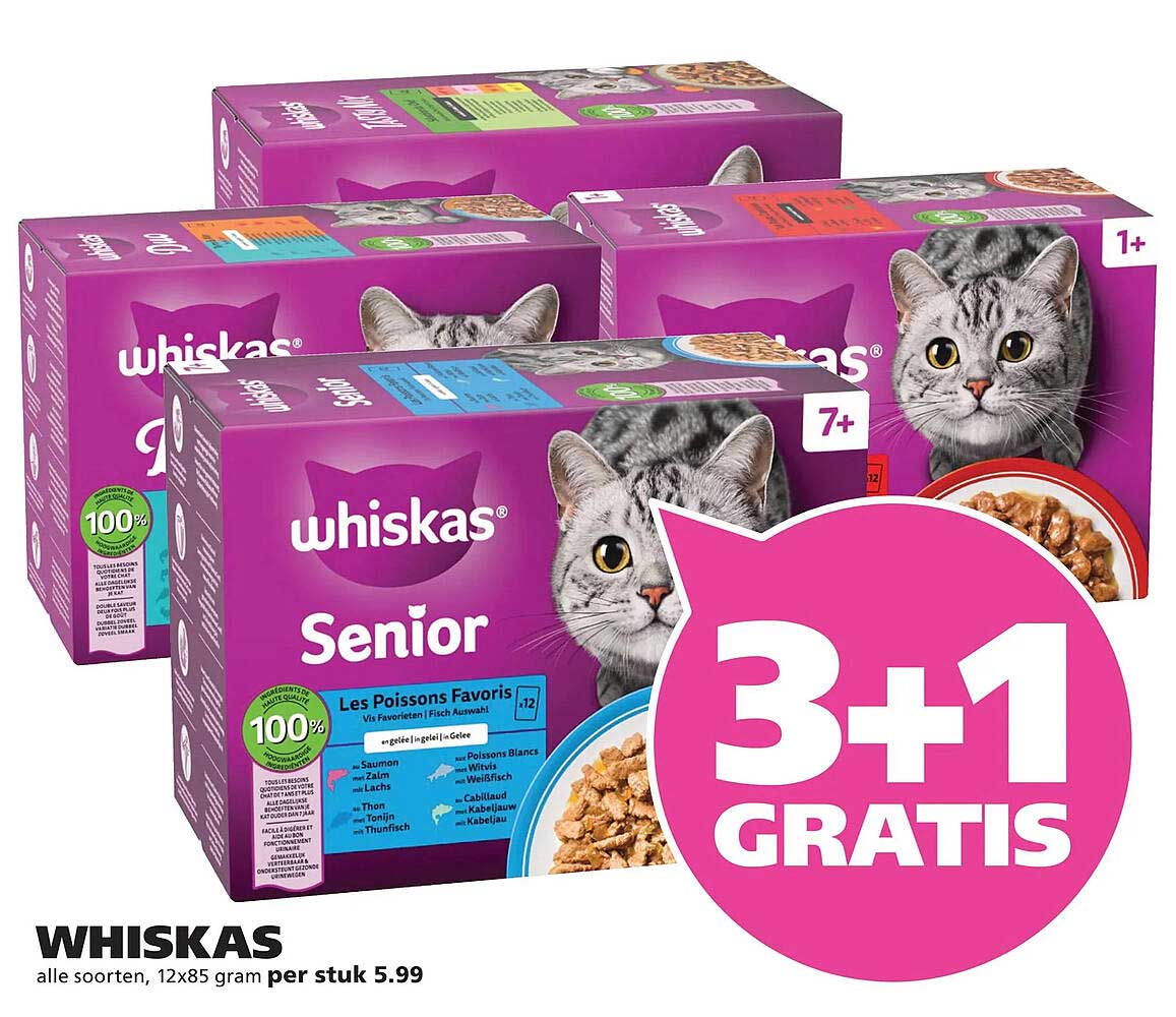WHISKAS alle soorten, 12x85 gram per stuk 5.99 3+1 GRATIS