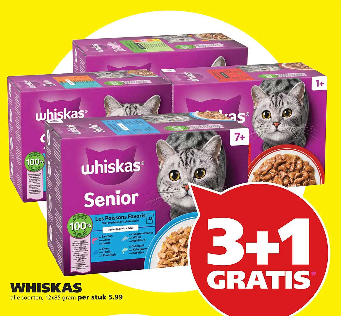 WHISKAS alle soorten, 12x85 gram per stuk 5.99 3+1 GRATIS